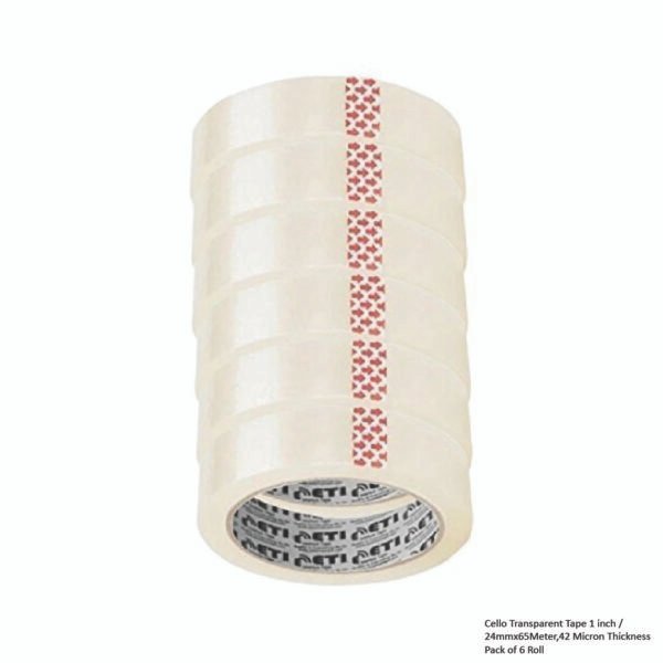 Cello Transparent Tape 1 inch - 24mmx65Meter,42 Micron Thickness Pack of 6 Roll