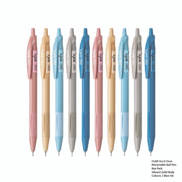 FLAIR Srx 0.7mm Retractable Ball Pen Box Pack-Vibrant Solid Body Colours - Blue Ink