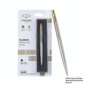 Parker Classic Stainless Steel Gold Trim Ball Pen - Blue Ink