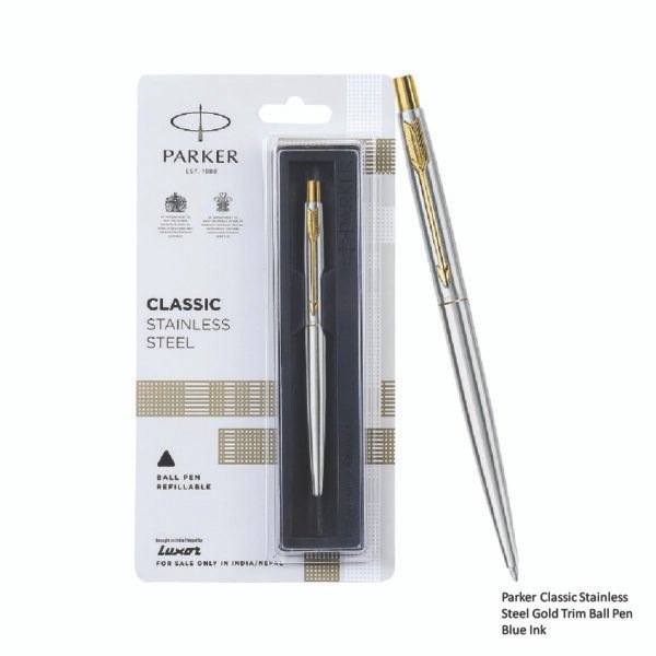 Parker Classic Stainless Steel Gold Trim Ball Pen - Blue Ink