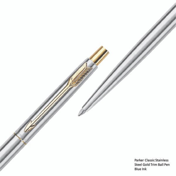 Parker Classic Stainless Steel Gold Trim Ball Pen - Blue Ink - Image 3