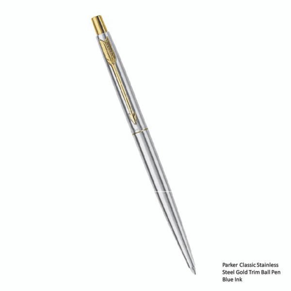 Parker Classic Stainless Steel Gold Trim Ball Pen - Blue Ink - Image 2