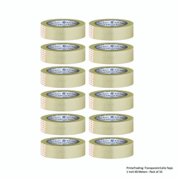 PrimeTrading- Transparent Cello Tape 1 Inch 60 Meters - Pack of 10