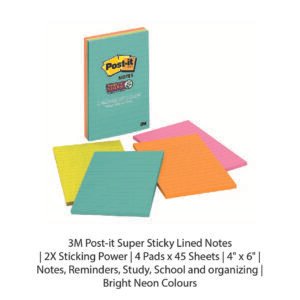 3M Post-it Super Sticky Lined Notes 2X Sticking Power 4 Pads x 45 Sheets 4 x 6 Notes,