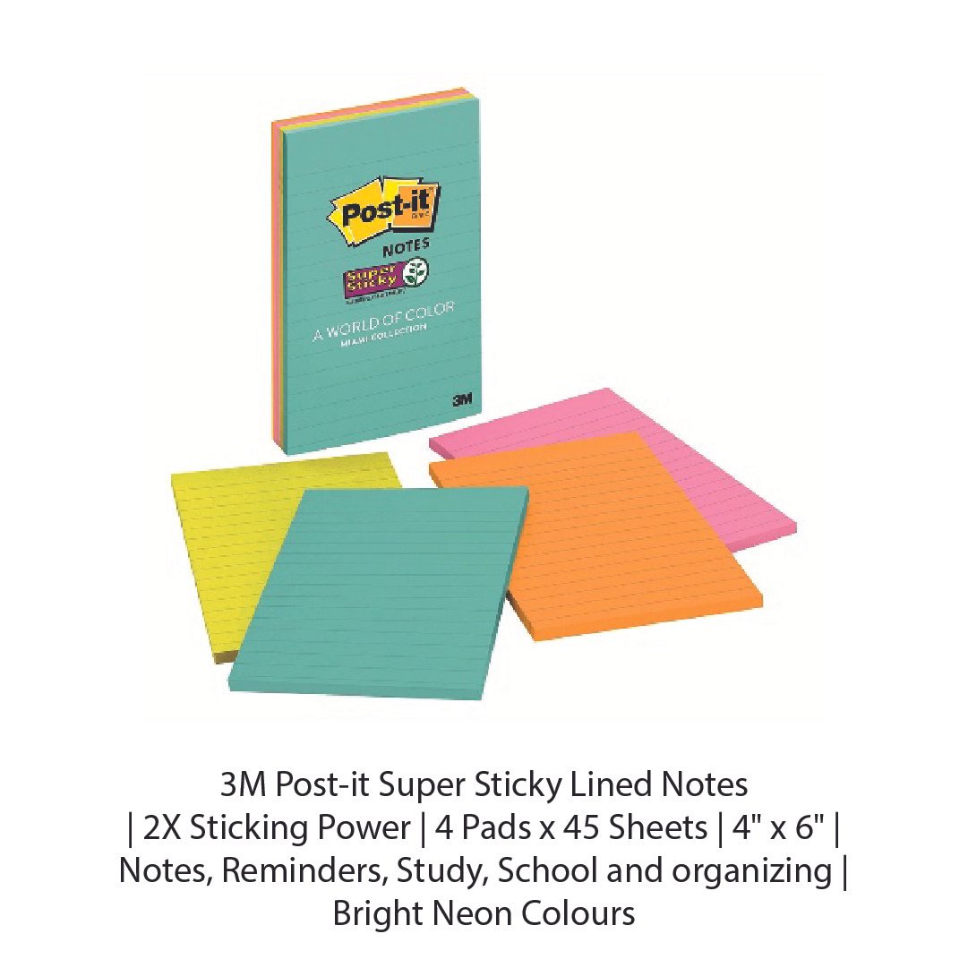 3M Post-it Super Sticky Lined Notes 2X Sticking Power 4 Pads x 45 Sheets 4 x 6 Notes,