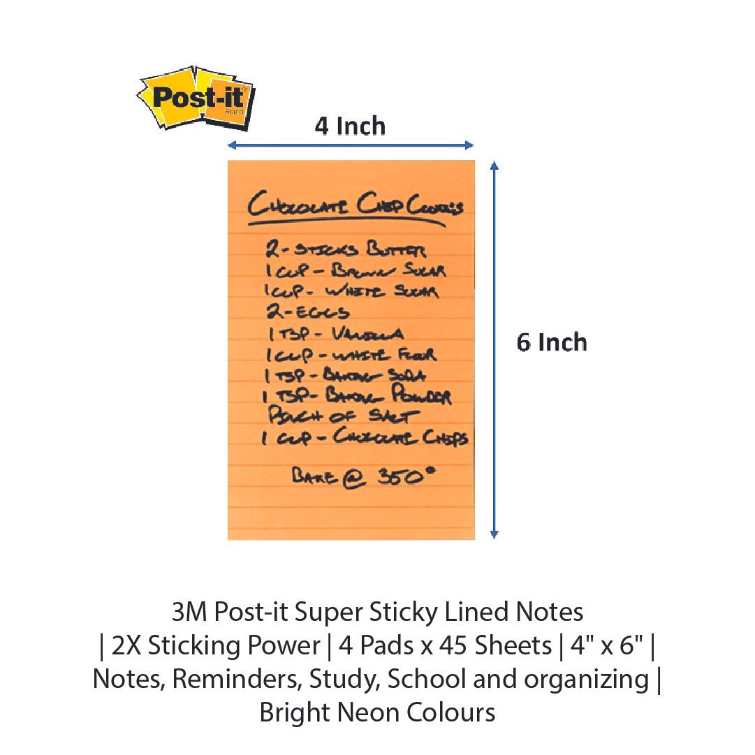 3M Post-it Super Sticky Lined Notes 2X Sticking Power 4 Pads x 45 Sheets 4 x 6 Notes, - Image 3