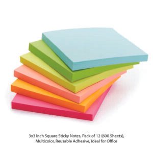 3x3 Inch Square Sticky Notes Pack of 12 (600 Sheets) Multicolor Reusable Adhesive Ideal for Office
