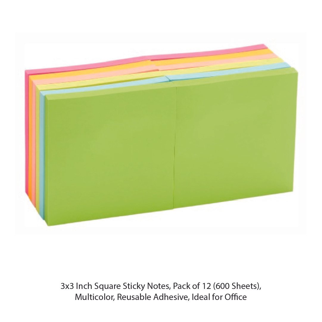 3x3 Inch Square Sticky Notes Pack of 12 (600 Sheets) Multicolor Reusable Adhesive Ideal for Office - Image 3