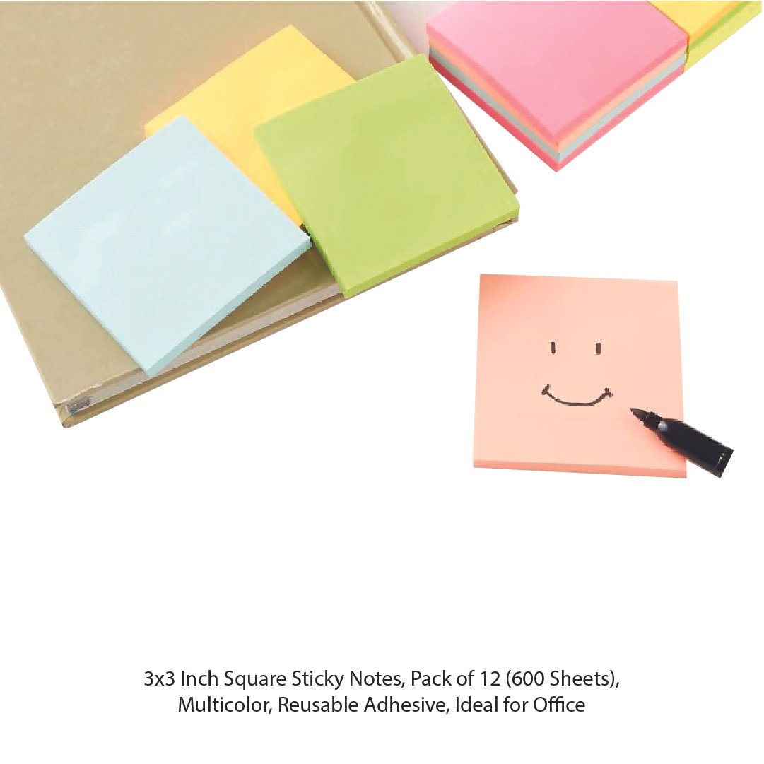 3x3 Inch Square Sticky Notes Pack of 12 (600 Sheets) Multicolor Reusable Adhesive Ideal for Office - Image 2