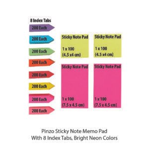 Pinzo Sticky Note Memo Pad With 8 Index Tabs, Bright Neon Colors