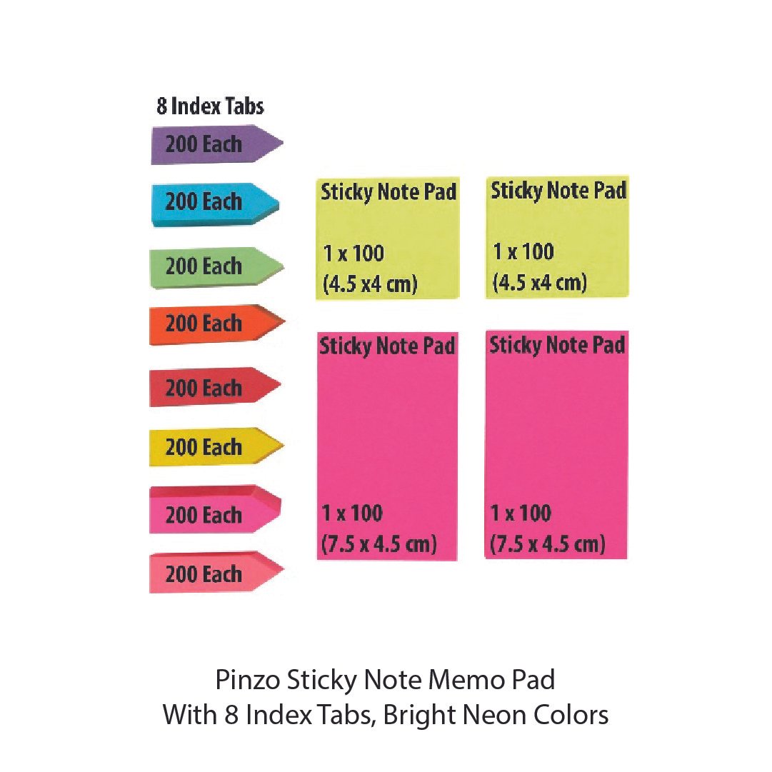 Pinzo Sticky Note Memo Pad With 8 Index Tabs, Bright Neon Colors