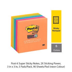 Post it Super Sticky Notes 2X Sticking Power 3 in x 3 in 5 Pads Pack 90 Sheets Pad neon Colour