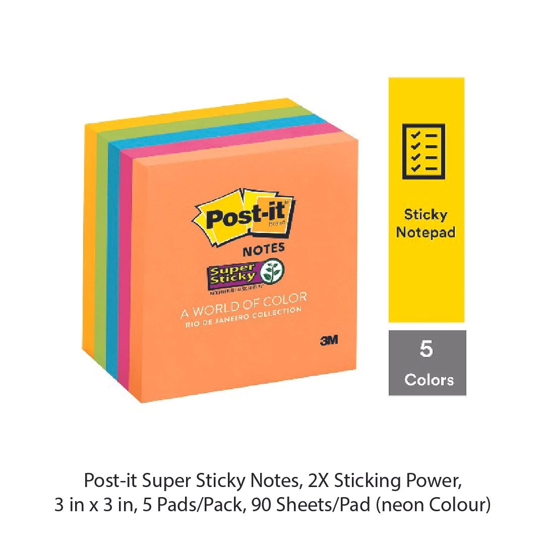 Post it Super Sticky Notes 2X Sticking Power 3 in x 3 in 5 Pads Pack 90 Sheets Pad neon Colour