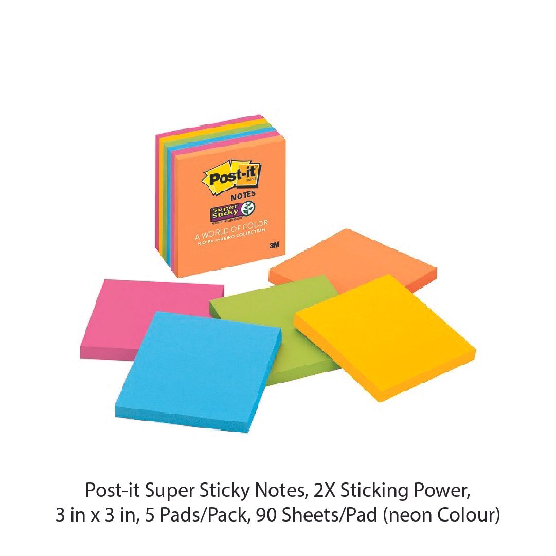 Post it Super Sticky Notes 2X Sticking Power 3 in x 3 in 5 Pads Pack 90 Sheets Pad neon Colour - Image 2