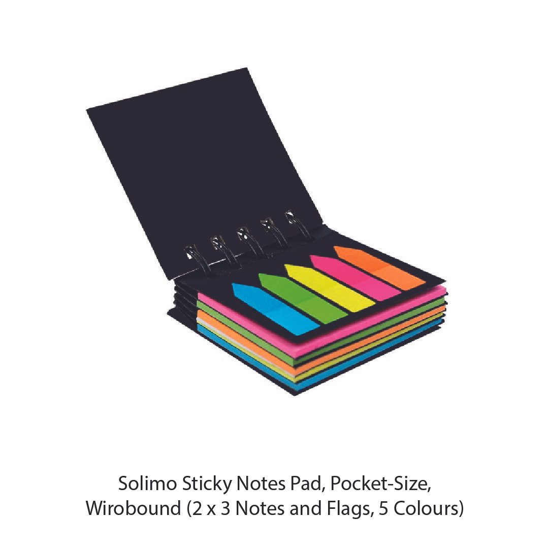 Solimo Sticky Notes Pad, Pocket-Size, Wirobound (2 x 3 Notes and Flags, 5 Colours)