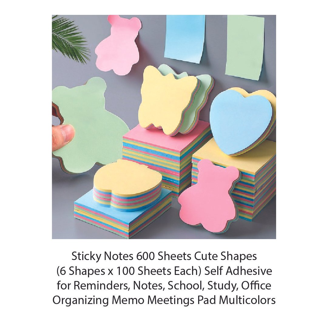 Sticky Notes 600 Sheets Cute Shapes (6 Shapes x 100 Sheets Each) Self Adhesive for Reminders