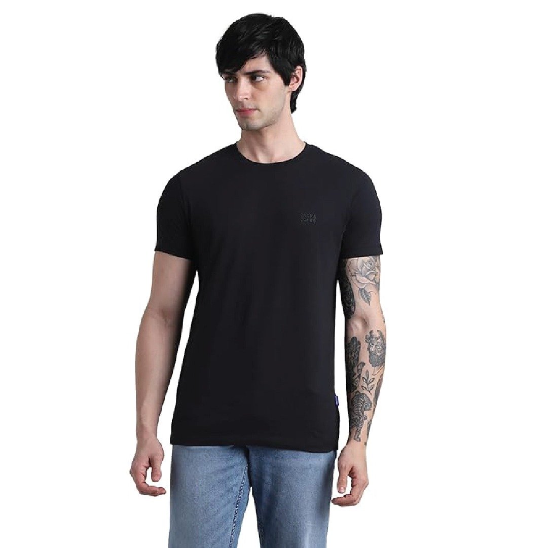 Jack & Jones Men's Cotton Solid Slim Fit T-Shirt Black